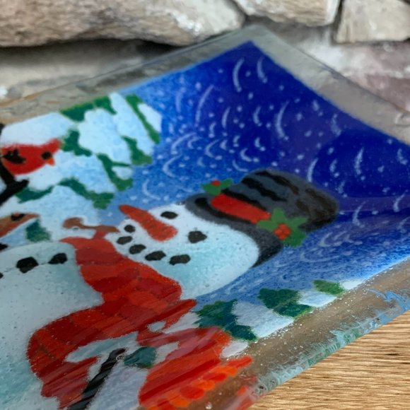 Fused Glass Peggy Karr Snowman Plate Art Platter Dish Winter Christmas Serving - Picture 2 of 9
